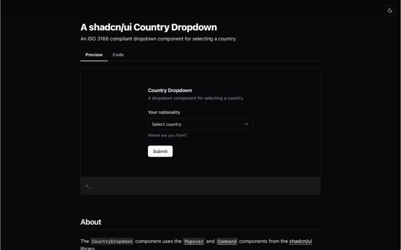 A shadcn/ui country dropdown